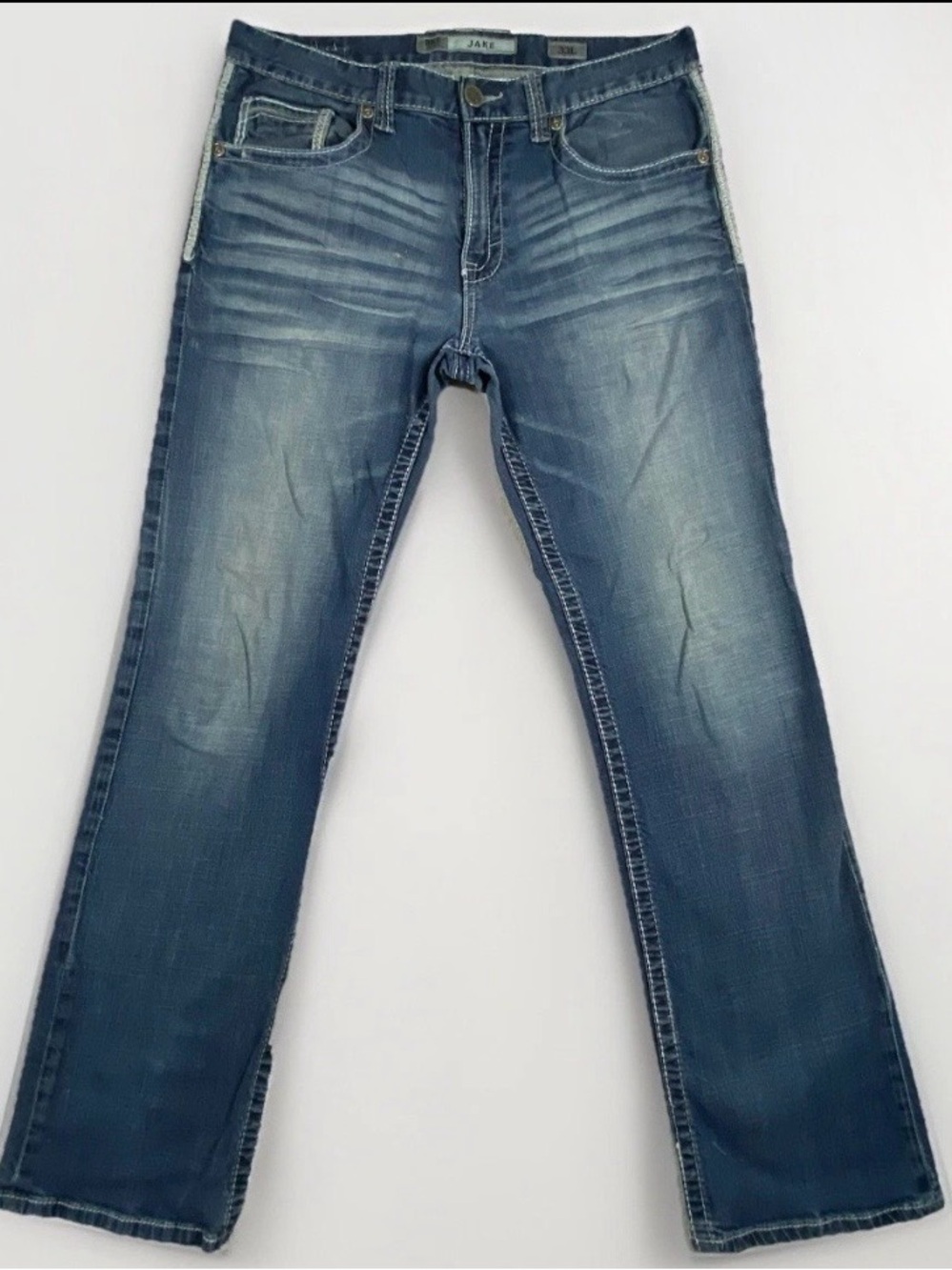 BKE Jake Mens 33L Straight Leg Jeans Distressed Blue Denim Zip Stitch
